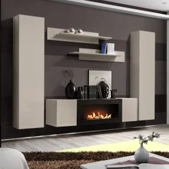 Parete attrezzata sospesa 260x170h cm con biocamino beige cashmere Ignis 5 Gihome®