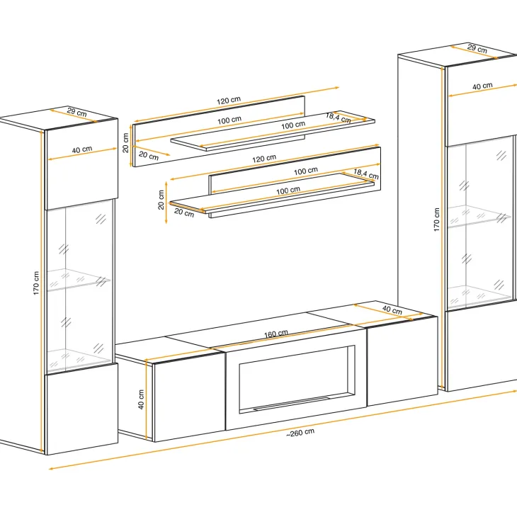 Parete attrezzata sospesa 260x170h cm con biocamino e vetrine beige cashmere Ignis 6 Gihome®