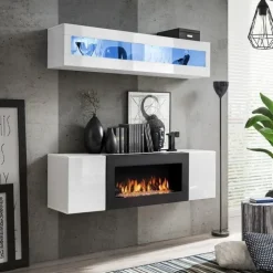 Parete attrezzata sospesa 160x150h cm con biocamino e vetrina bianco Ignis 4 Gihome®