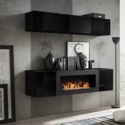 Parete attrezzata sospesa 160x150h cm con biocamino nero Ignis 2 Gihome®