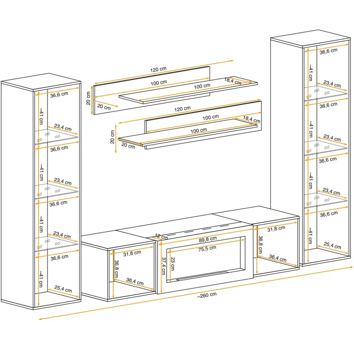 Parete attrezzata sospesa 260x170h cm con biocamino e vetrinette nero Ignis 6 Gihome®