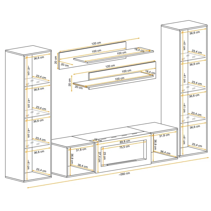 Parete attrezzata sospesa 260x170h cm con biocamino e vetrinette bianco Ignis 6 Gihome®