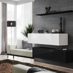 Parete attrezzata sospesa 130x110h cm moderna bianco nero Geo 19