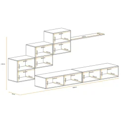 Parete attrezzata sospesa 260x170h cm moderna bianco opaco lucido Geo 08