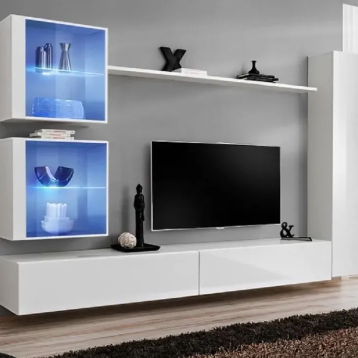 Parete attrezzata sospesa 270x200h cm sospesa moderna bianco opaco e lucido Geo 16