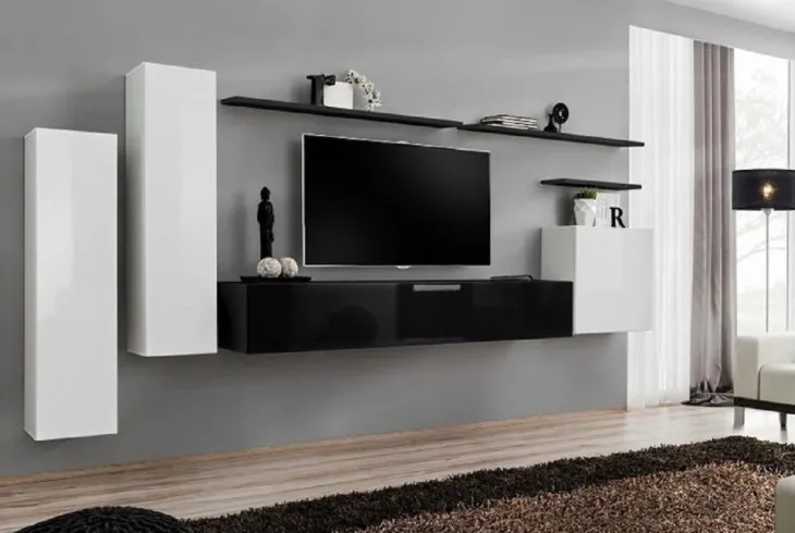 Parete attrezzata sospesa 330x160h cm moderna nero bianco Geo 01