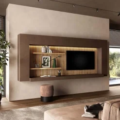 Parete attrezzata sospesa 334x180h cm con pannello cannettato marrone rovere chiaro Sunset Decor 1041
