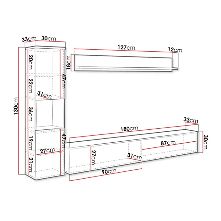 Parete attrezzata sospesa 210x130h cm bianco lucido Lamia