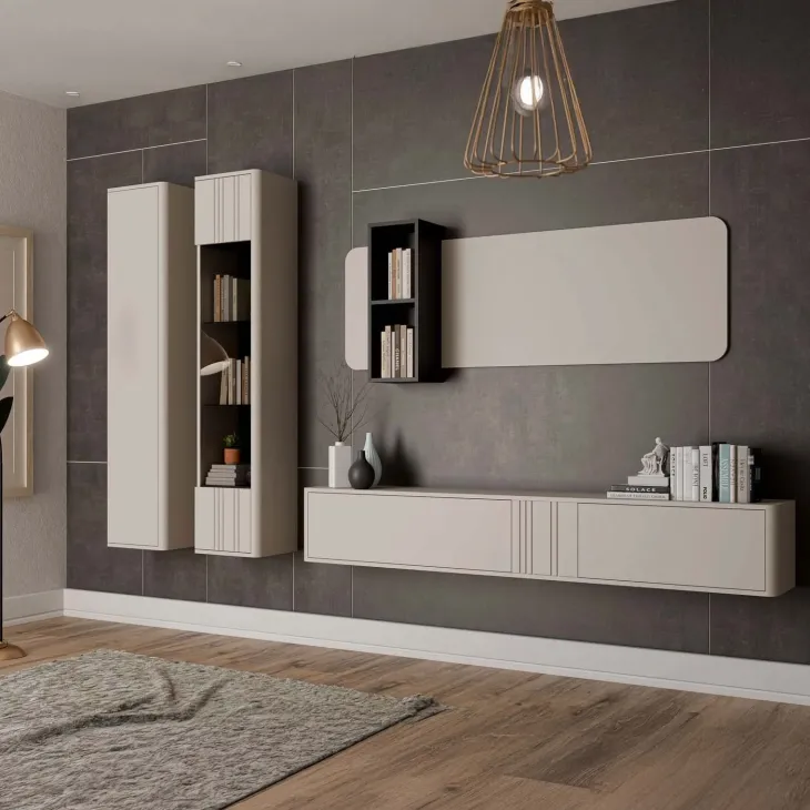 Parete attrezzata sospesa 272x200h cm moderna beige cashmere Bellagio 1