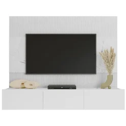 Parete attrezzata sospesa 180x150h cm 3 ante bianco cannettato effetto marmo Ilaria