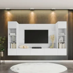 Parete attrezzata sospesa 260x150h cm con colonne bianco cannettato effetto marmo Ilaria