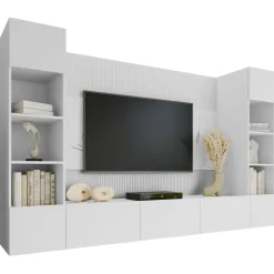 Parete attrezzata sospesa 260x150h cm con colonne bianco cannettato effetto marmo Ilaria