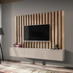 Parete attrezzata sospesa 180x118h cm moderna nero rovere beige cashmere Violina