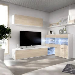 Parete attrezzata 260x183h cm angolare reversibile con led rovere bianco lucido Emily