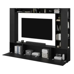 Parete attrezzata 261x194h cm 5 ante a ribalta e libreria 3 ripiani nero grafite Arkansas