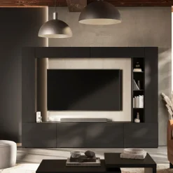 Parete attrezzata 261x194h cm 5 ante a ribalta e libreria 3 ripiani nero grafite Arkansas