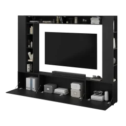 Parete attrezzata 261x194h cm 5 ante a ribalta e libreria 3 ripiani nero grafite Arkansas