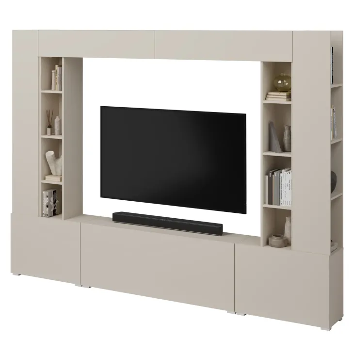 Parete attrezzata 261x194h cm 5 ante a ribalta e 2 librerie a 3 ripiani beige cashmere Arkansas