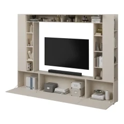Parete attrezzata 261x194h cm 5 ante a ribalta e 2 librerie a 3 ripiani beige cashmere Arkansas