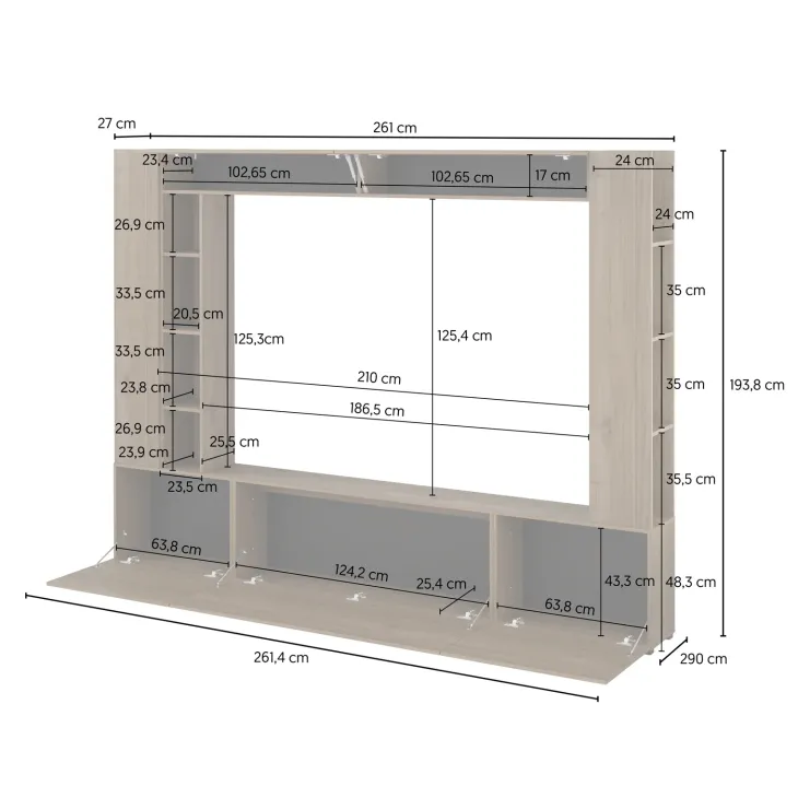 Parete attrezzata 261x194h cm 5 ante a ribalta e libreria 3 ripiani noce Arkansas