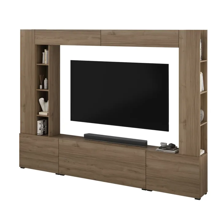 Parete attrezzata 261x194h cm 5 ante a ribalta e libreria 3 ripiani noce Arkansas