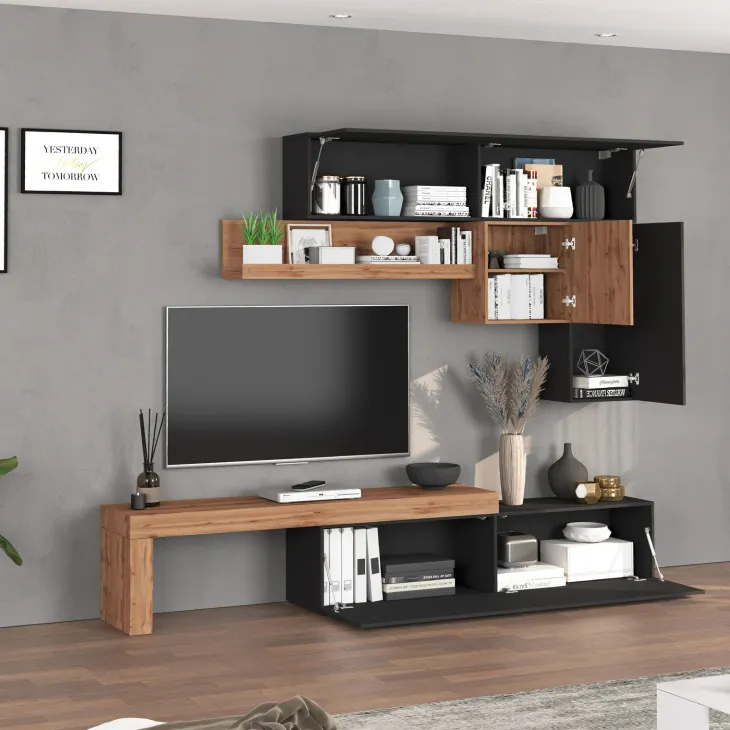Parete attrezzata 270x200h cm antracite rovere Block 2