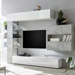 Parete attrezzata 285x187h cm bianco lucido e opaco cemento Steppi 2