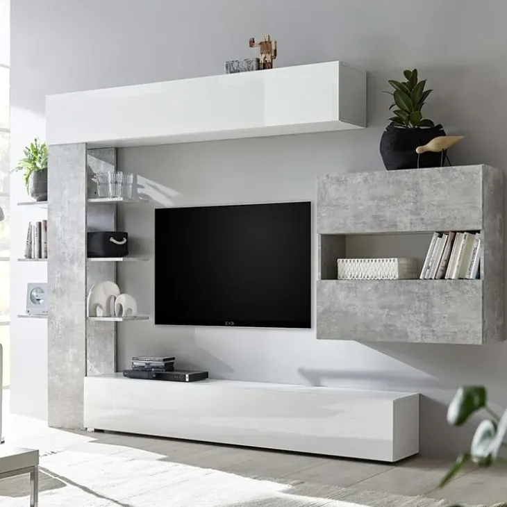 Parete attrezzata 285x187h cm bianco lucido e opaco cemento Steppi 2