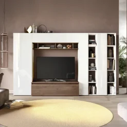Parete attrezzata 305x186h cm bianco lucido rovere scuro Sunset 36