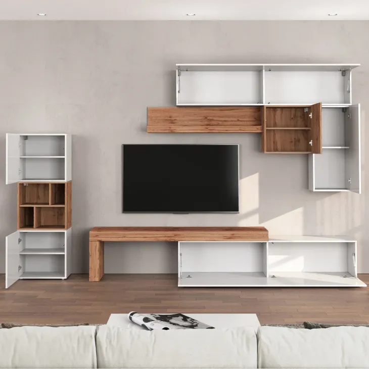 Parete attrezzata 350x200h cm bianco lucido rovere Block 1