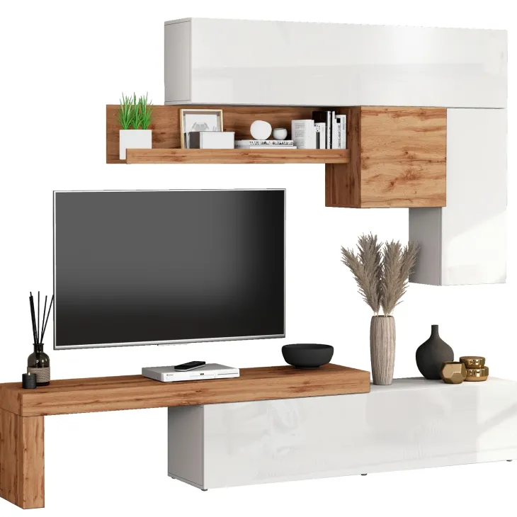 Parete attrezzata 270x200h cm bianco lucido rovere Block 2