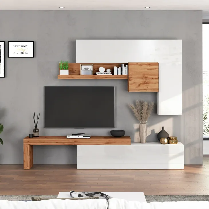 Parete attrezzata 270x200h cm bianco lucido rovere Block 2