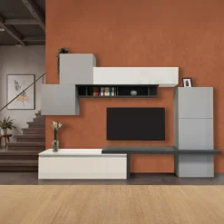Parete attrezzata 280x202h cm bianco lucido grigio chiaro antracite Sunset 1037