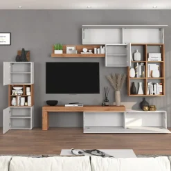 Parete attrezzata 350x200h cm bianco lucido rovere Block 3