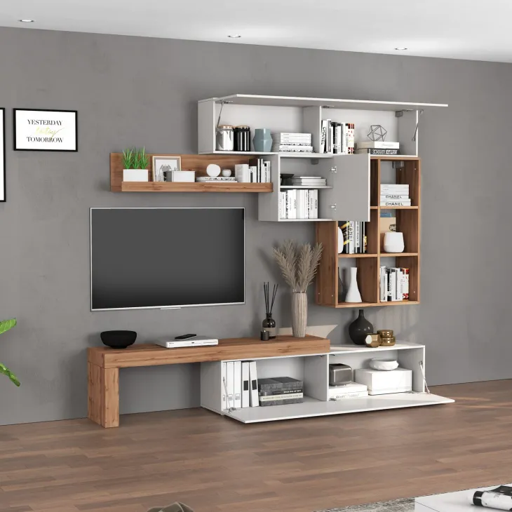 Parete attrezzata 270x200h cm bianco lucido rovere Block 4