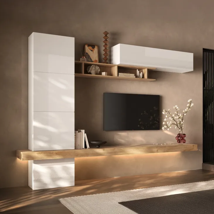 Parete attrezzata 276x200h cm bianco lucido rovere chiaro Sunset 1026