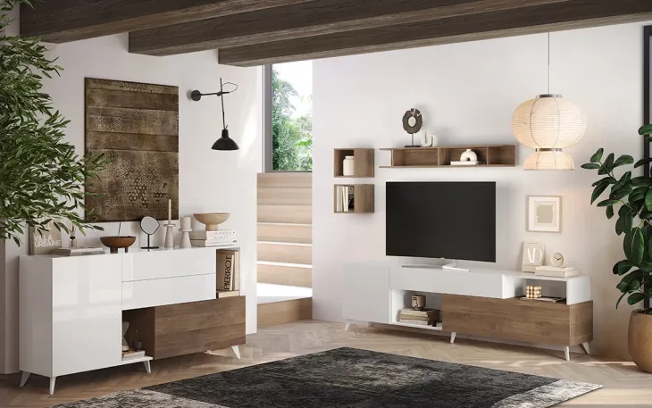 Parete attrezzata 241x176h cm bianco lucido rovere scuro Witty
