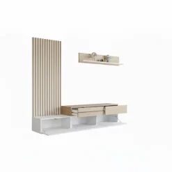 Parete attrezzata 225x209h cm con pannello cannettato bianco opaco rovere Orizon