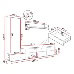 Parete attrezzata 300x209h cm con pannello cannettato grafite rovere Orizon