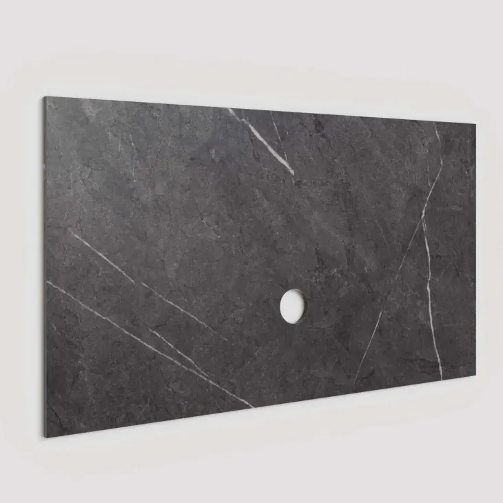 Parete attrezzata 330x220h cm con pannello cannettato beige rovere scuro nero effetto marmo Sunset Decor 1043