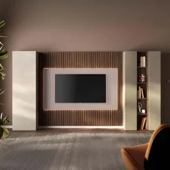 Parete attrezzata 345x186h cm con pannello cannettato tortora beige rovere scuro Sunset Decor 1044