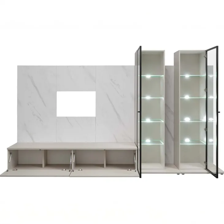Parete attrezzata 280x175h cm con 2 vetrine beige cashmere e bianco effetto marmo Paula