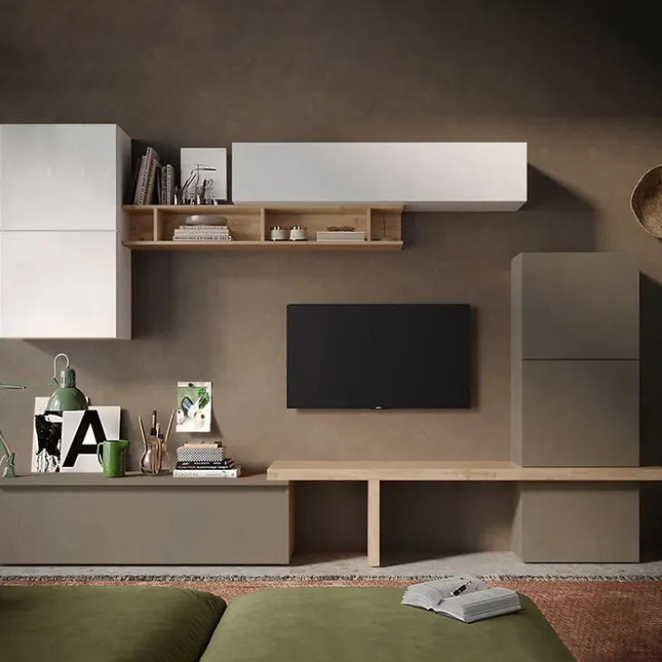 Parete attrezzata 320x195h cm design moderno bianco rovere marrone Sunset 19