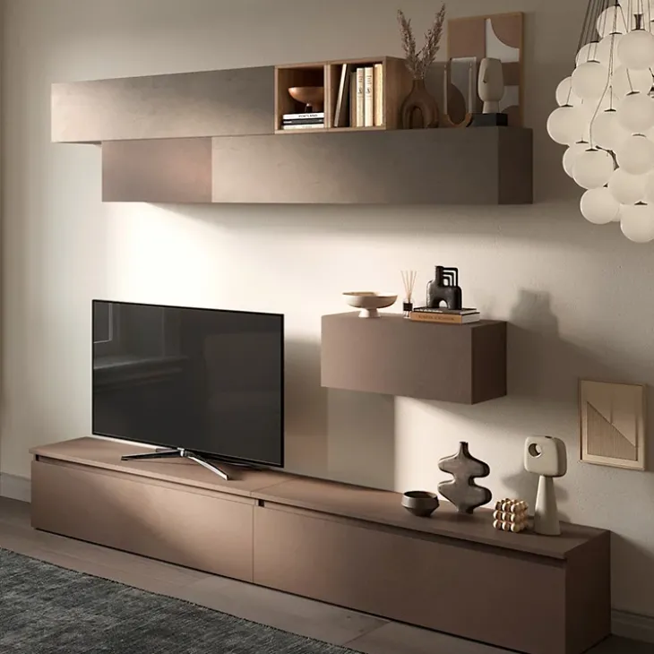 Parete attrezzata 276x190h cm design moderno tortora marrone rovere Sunset 42