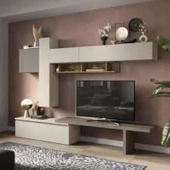 Parete attrezzata 290x210h cm moderna beige marrone rovere scuro Sunset 81
