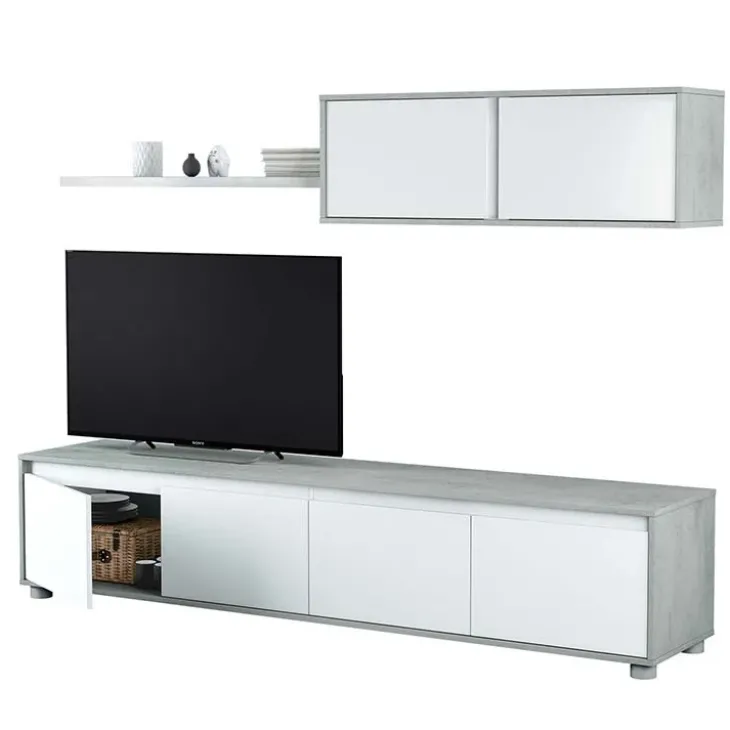 Parete attrezzata 200x145h cm moderna soggiorno bianco cemento Itaca