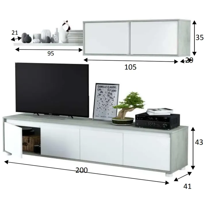 Parete attrezzata 200x145h cm moderna soggiorno bianco cemento Itaca
