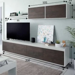 Parete attrezzata 200x145h cm moderna soggiorno bianco opaco ossido Itaca