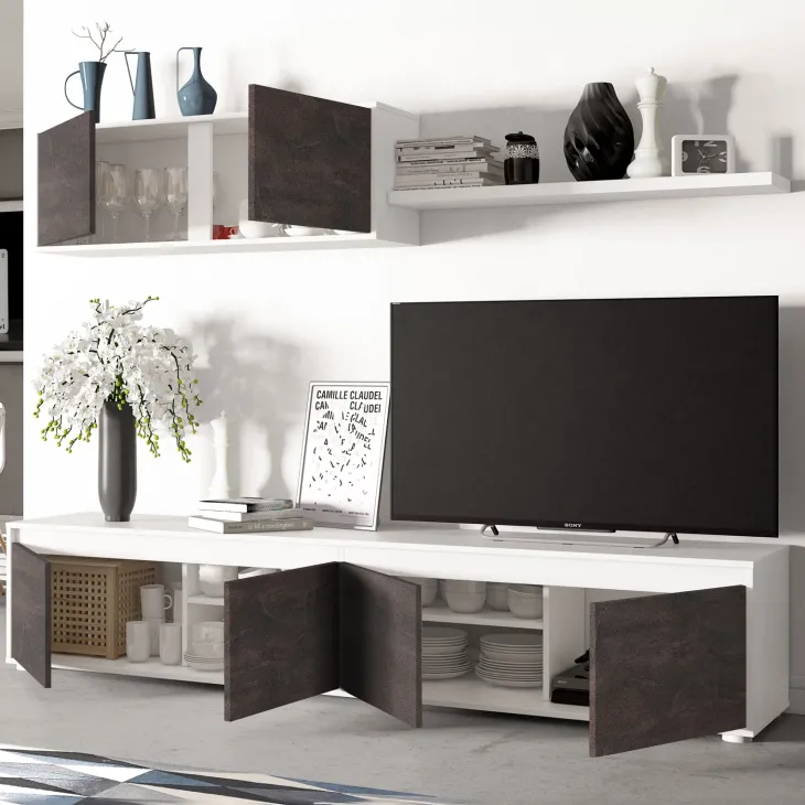 Parete attrezzata 200x145h cm moderna soggiorno bianco opaco ossido Itaca