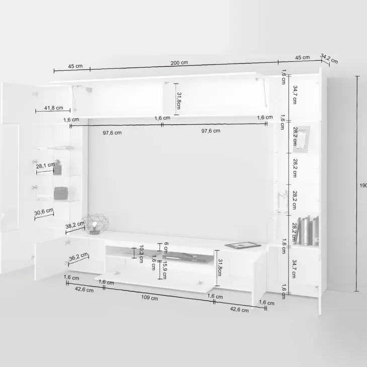 Parete attrezzata 290x190h cm moderna 2 vetrine tortora rovere Zenith 2